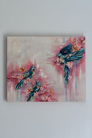 "Three Blue Birds" Original Oil Painting