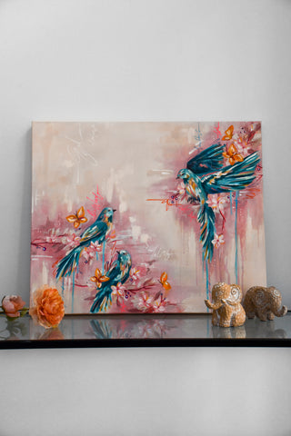"Three Blue Birds" Original Oil Painting