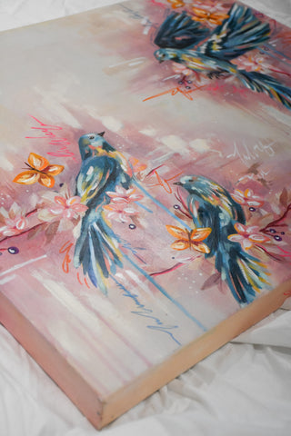 "Three Blue Birds" Original Oil Painting